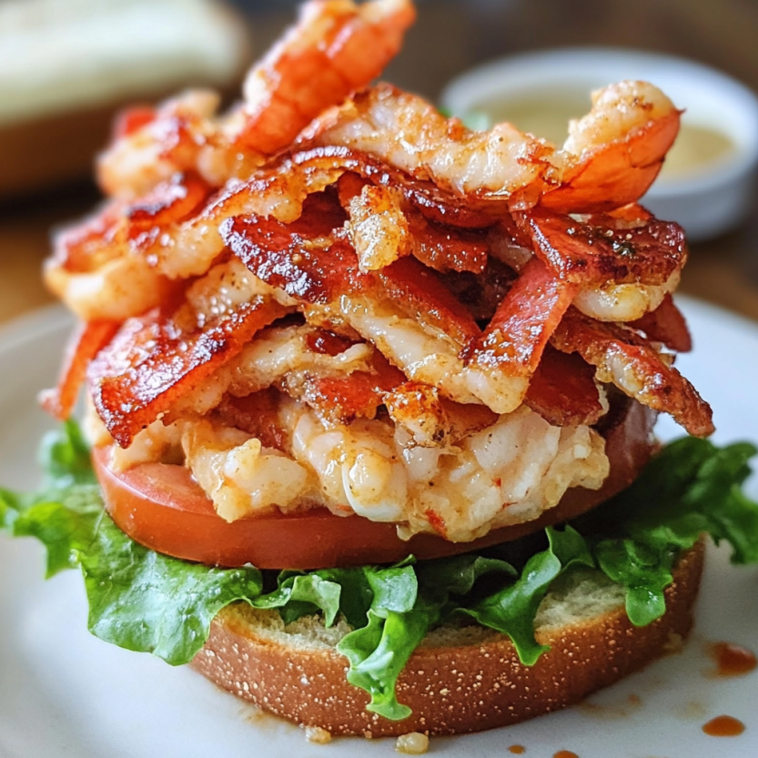 Une sandwich de lobster avec du bacon et du fromage, garnie de mayonnaise douce et épicée.