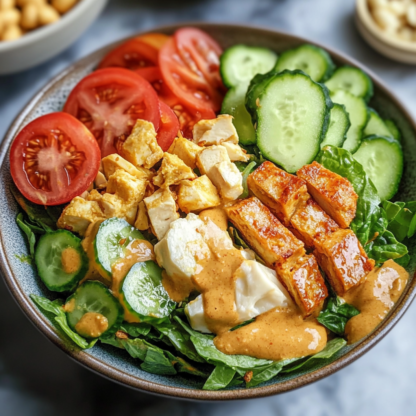 Une salade de gado gado avec des légumes tels que des tomates, des cucumbers et des concombres, accompagnés d'une sauce à base de noix de coco.