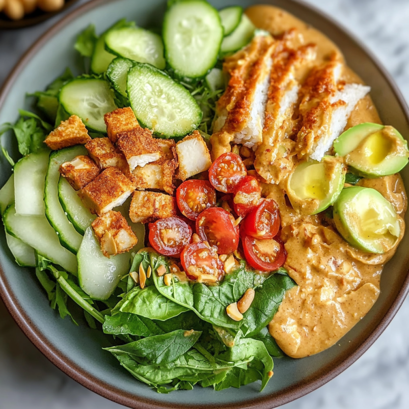 Une assiette de salade gado gado avec des légumes et une sauce au pistache.