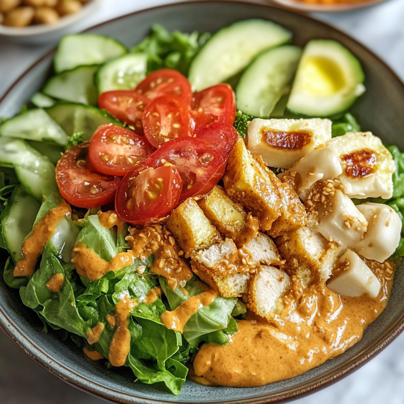 Une assiette de salade gado gado avec des légumes et des fruits, sertie dans une sauce de pâte de cacahuète.