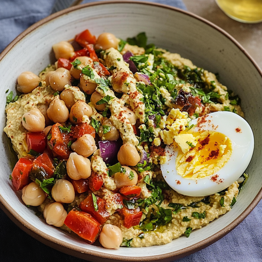 Une assiette de hummus méditerranéen avec des légumes et des œufs.