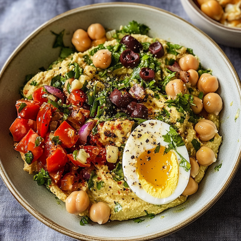 Une assiette de hummus méditerranéen contenant des légumes, des olives, des tomates, des pois chiches et une omelette.