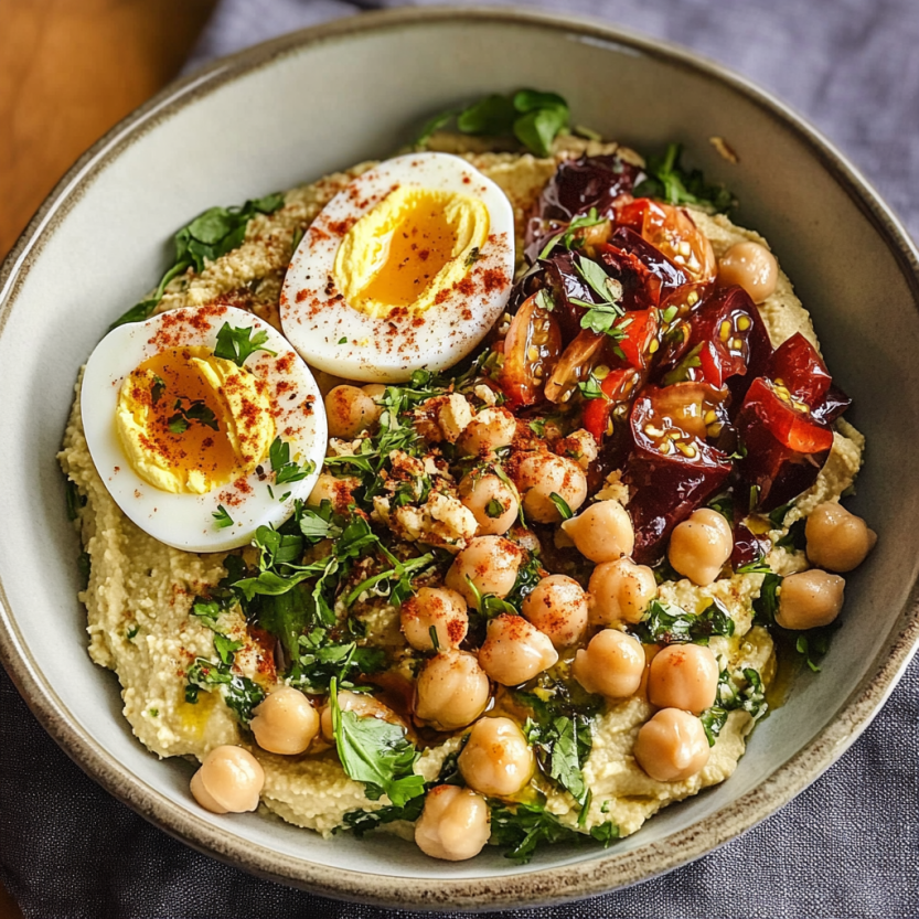 Une assiette de hummus méditerranéen contenant des légumes, des pois chiches, des tomates et des oeufs.