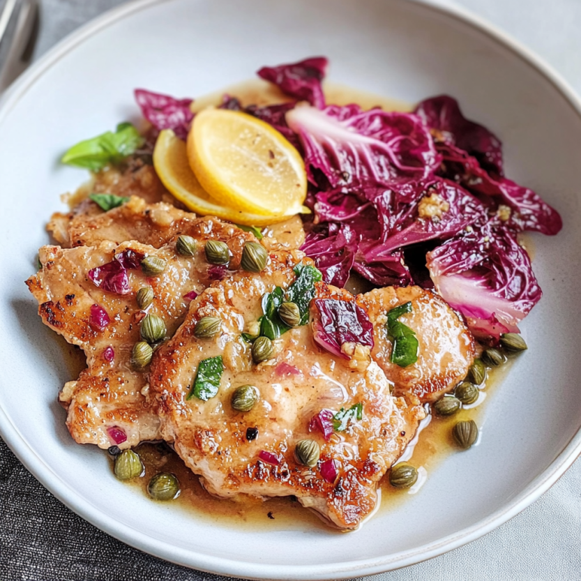 Une assiette de pork scallopini avec des citrons, des épinards et des raisins de la grappe.
