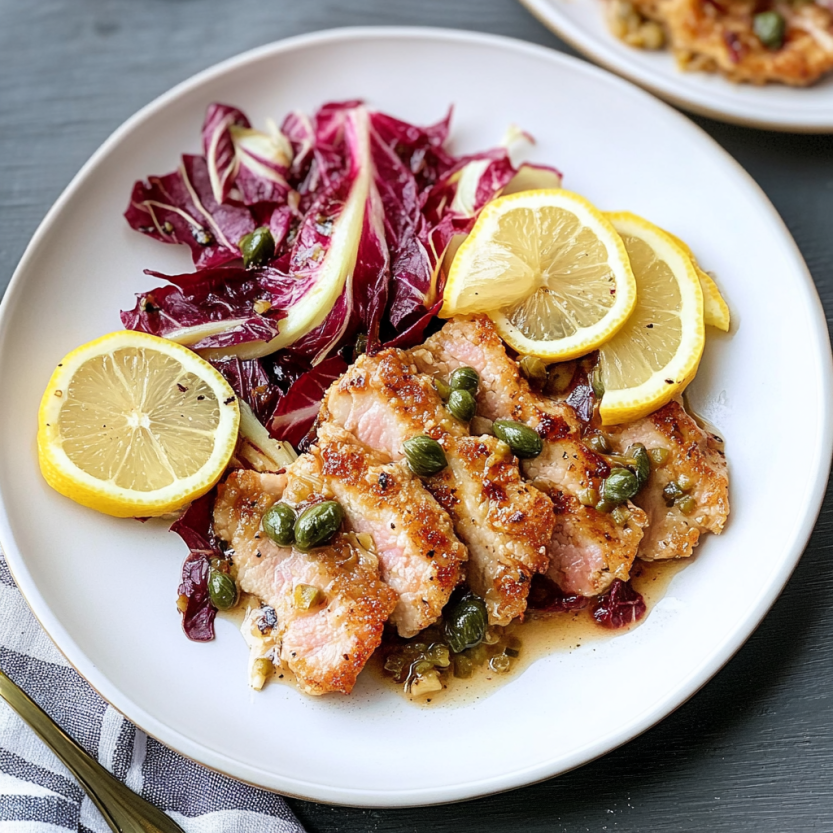 Une assiette de porc scallopini avec des citrons, radicchio et capers.