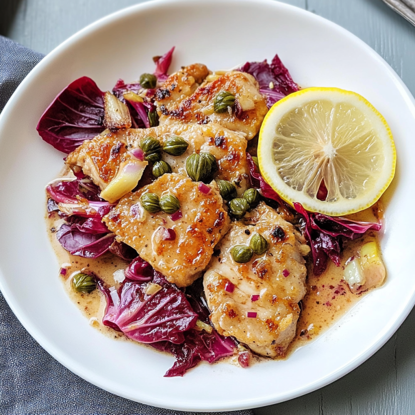 Une assiette de pork scallopini avec des légumes tels que des radicchios et des capers, accompagnés d'un citron.