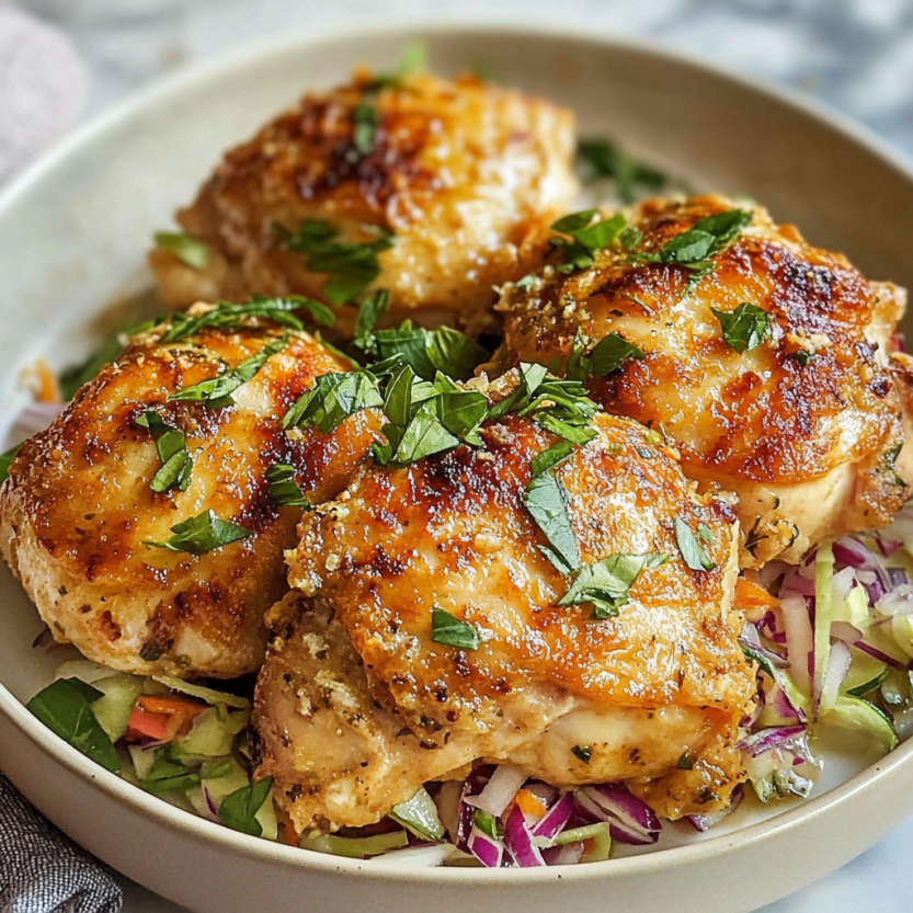Des chicken thighs grillés avec des herbes et des épices, servis dans un plat.
