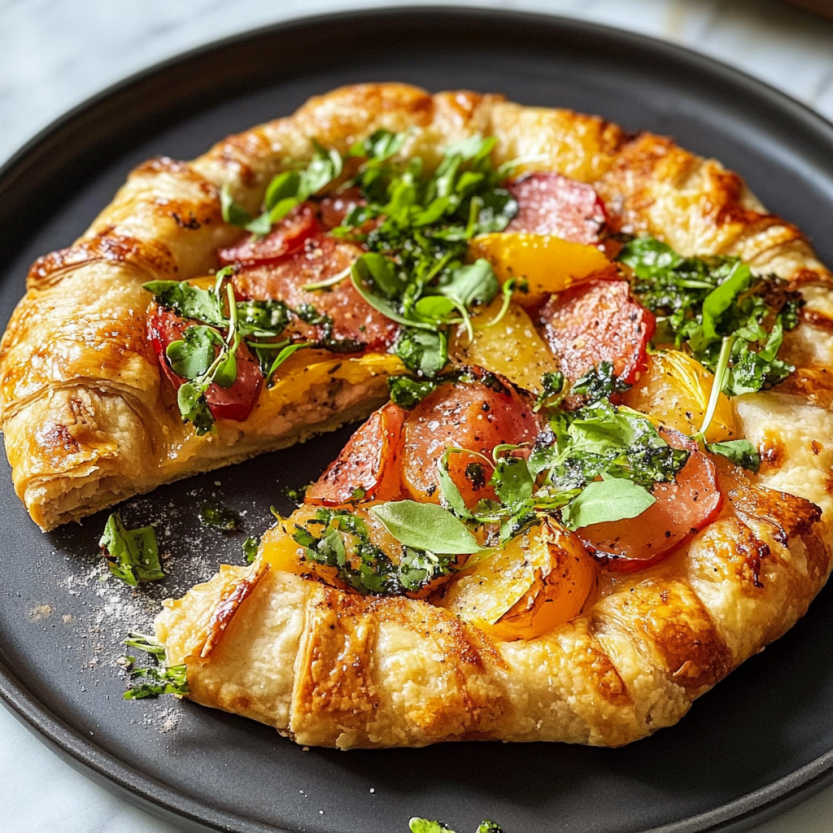 Une galette BLT avec des tomates, des épinards et des herbes.