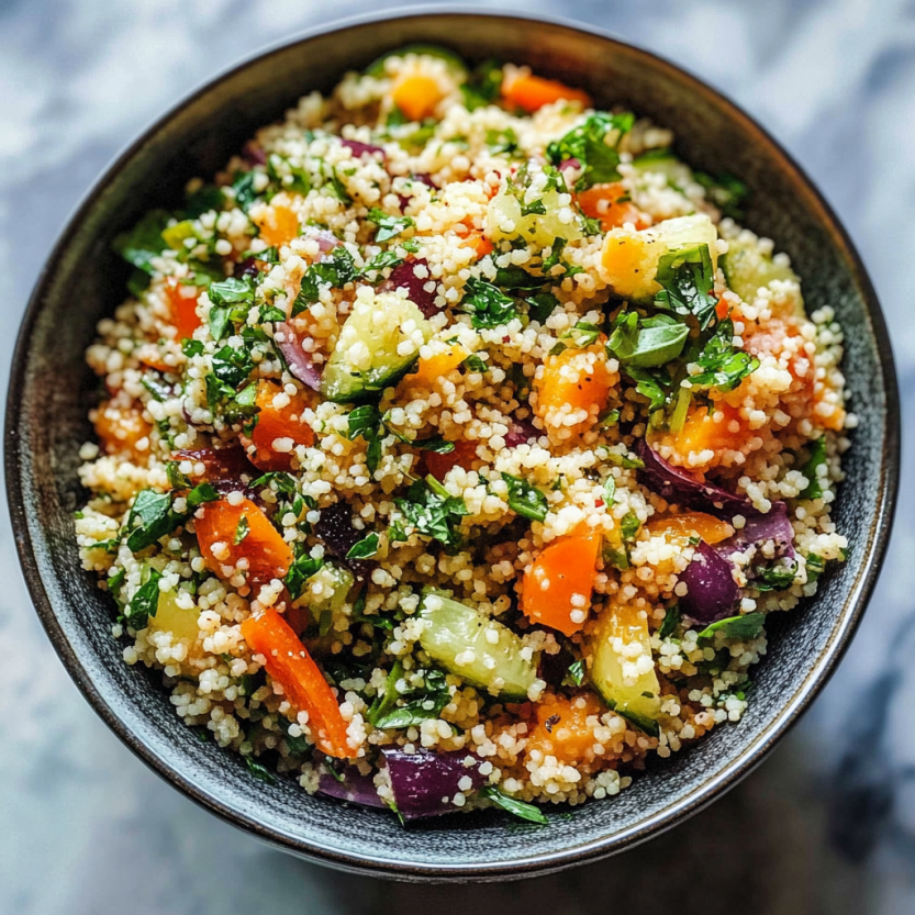 Une salade de couscous avec une vinaigrette à la citronnelle et à la basilique.