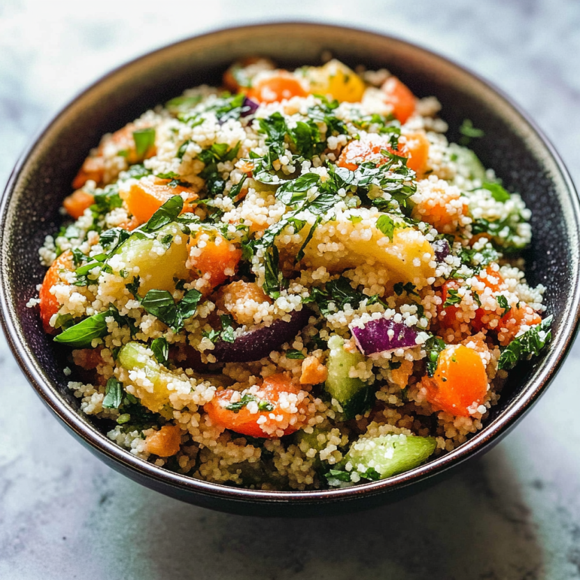 Une salade de couscous avec des légumes et une vinaigrette à la citronnelle.