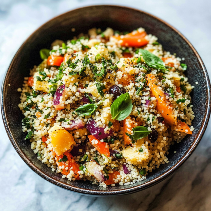 Une assiette de couscous salade avec une vinaigrette à la menthe et à la basilique.