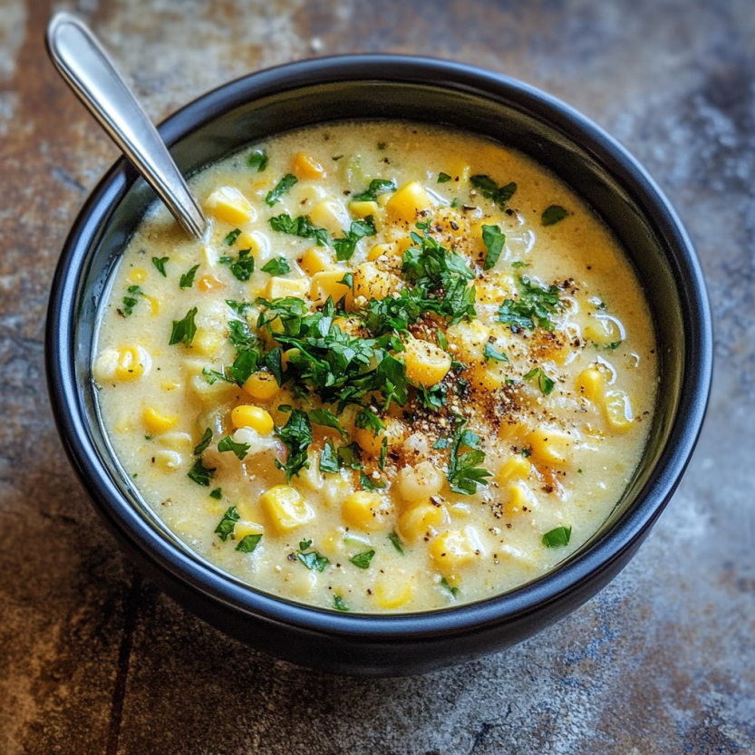 Une soupe chaude dans un bol noir avec des herbes vertes.