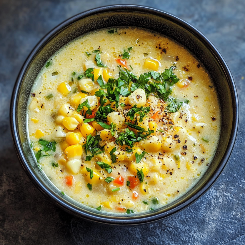 Une soupe chaude de maïs dans un bol noir.