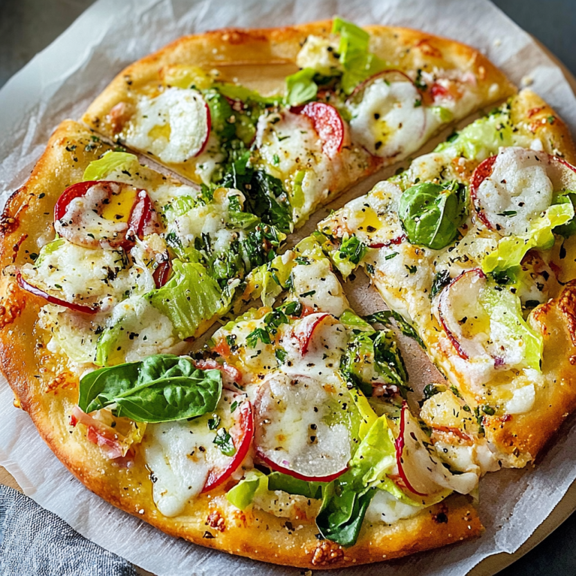 Une pizza avec des légumes choppés et des tomates.