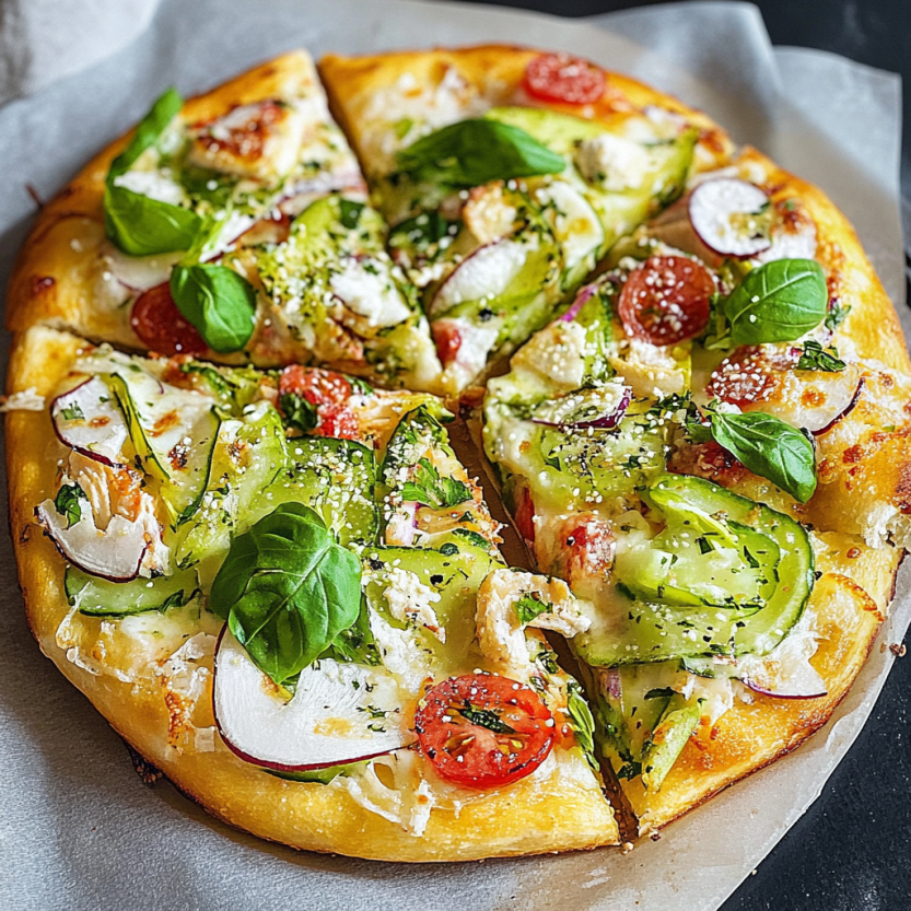 Une pizza avec des légumes choppés et des tomates.