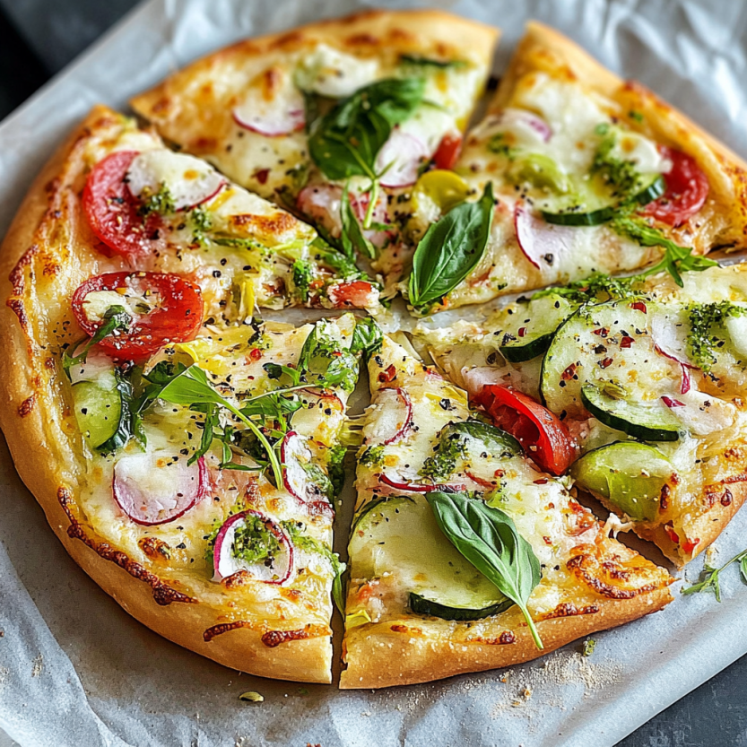 Une pizza avec des légumes choppés et des herbes sur un plat.