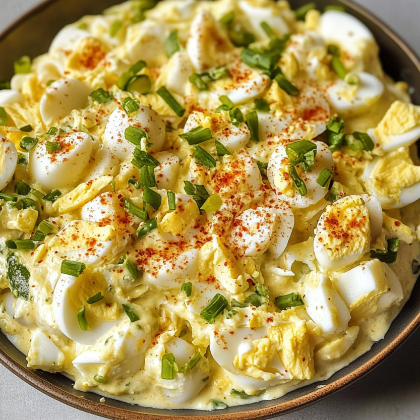 Une assiette de salade d'œufs avec des herbes vertes.