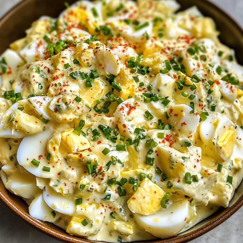 Une assiette de salade d'œufs avec des herbes vertes.