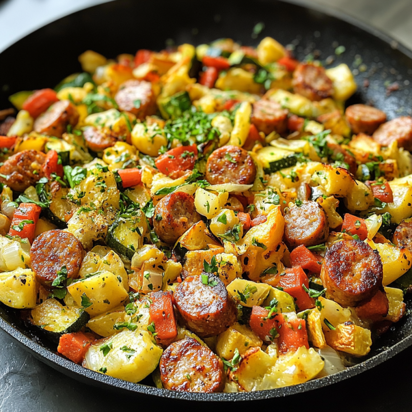 Une grande casserole de sausages et de légumes.