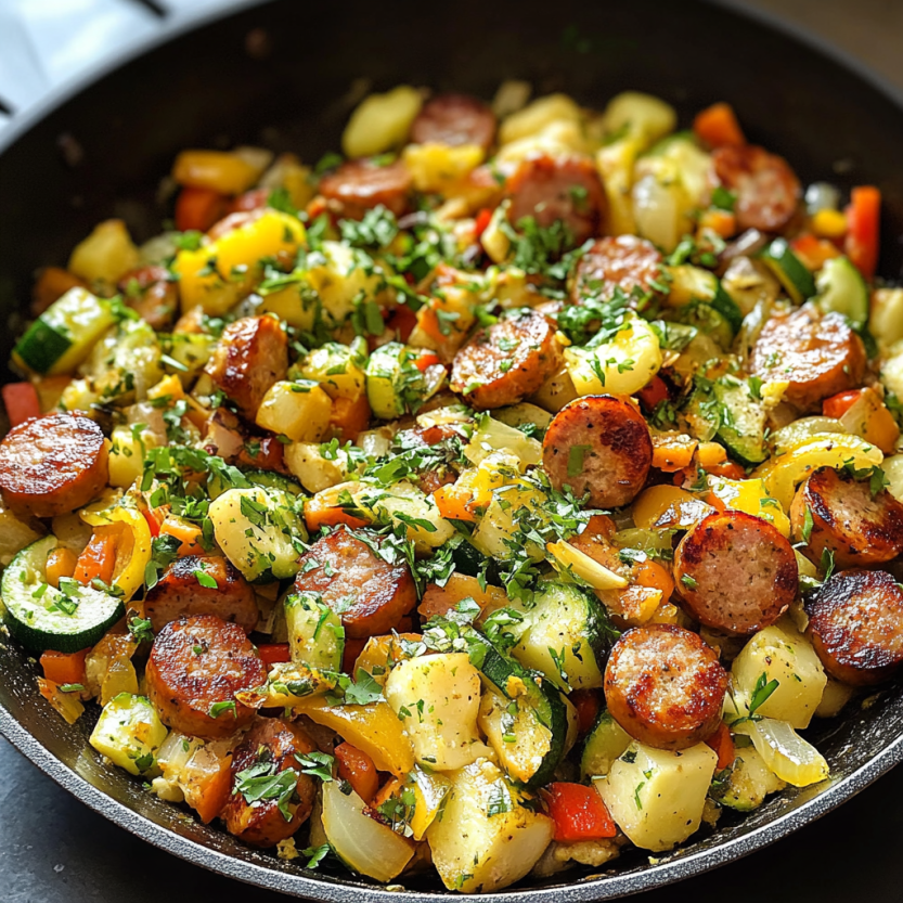 Une skillet remplie de sausages et de légumes.