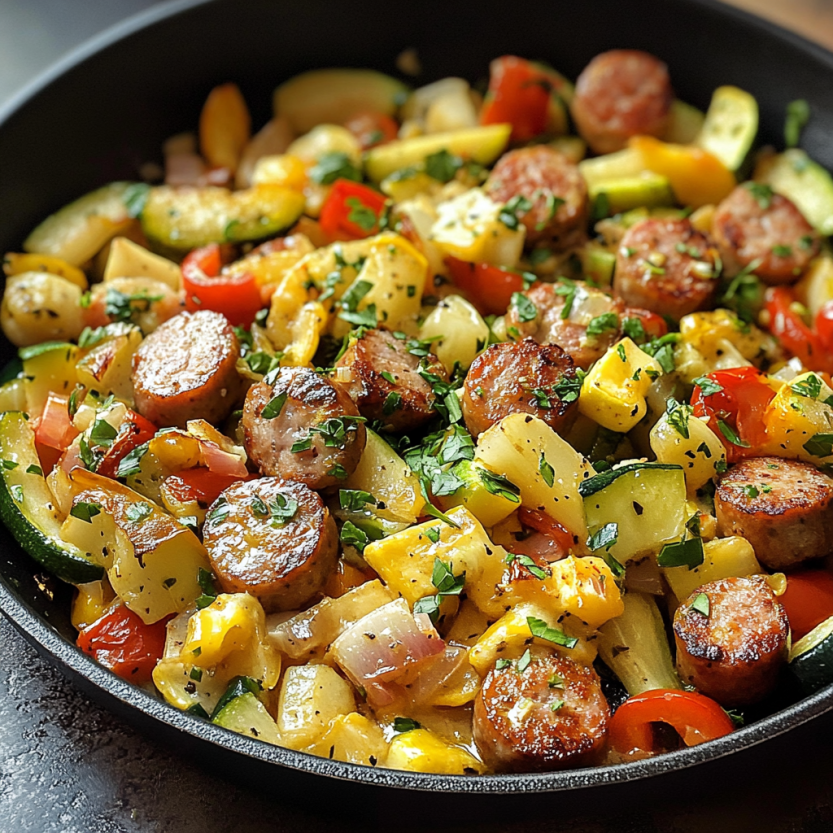 Une poêle contenant des légumes et des saucisses.