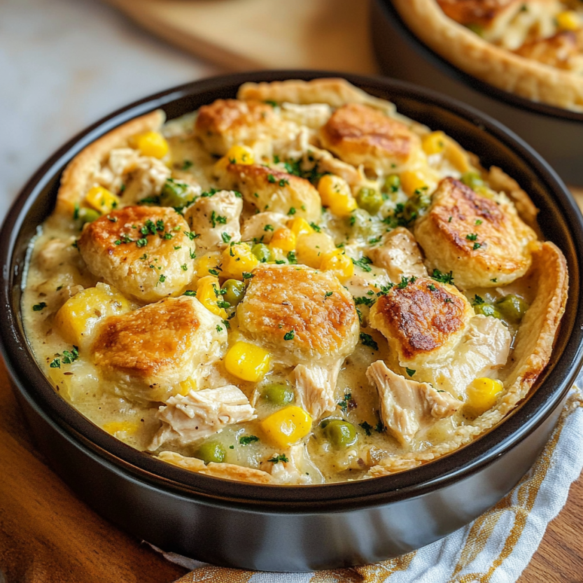 Une tarte au poulet dans un bol.