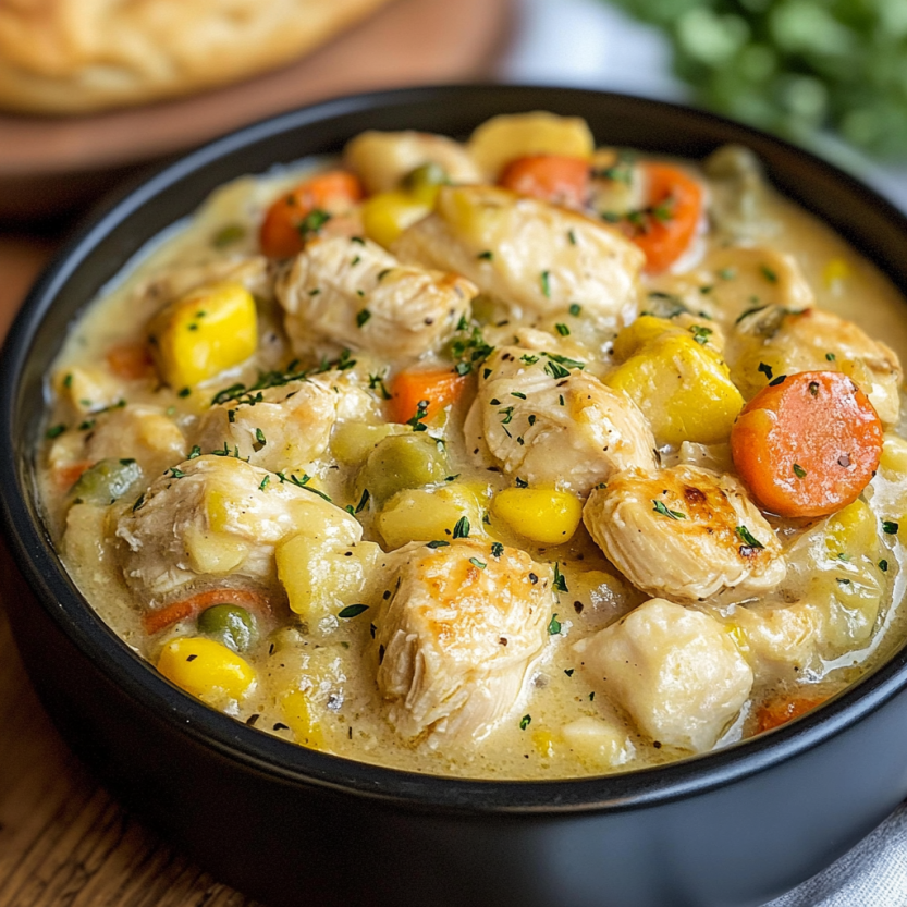 Une casserole de poulet et de légumes dans un bol.