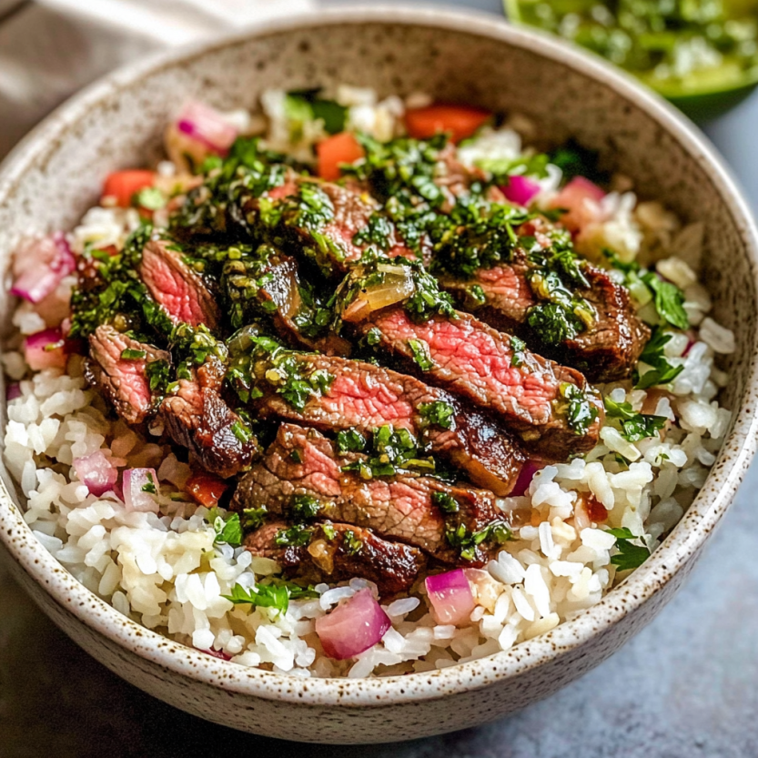 Un plat de riz avec des steaks de skirt et des légumes verts.