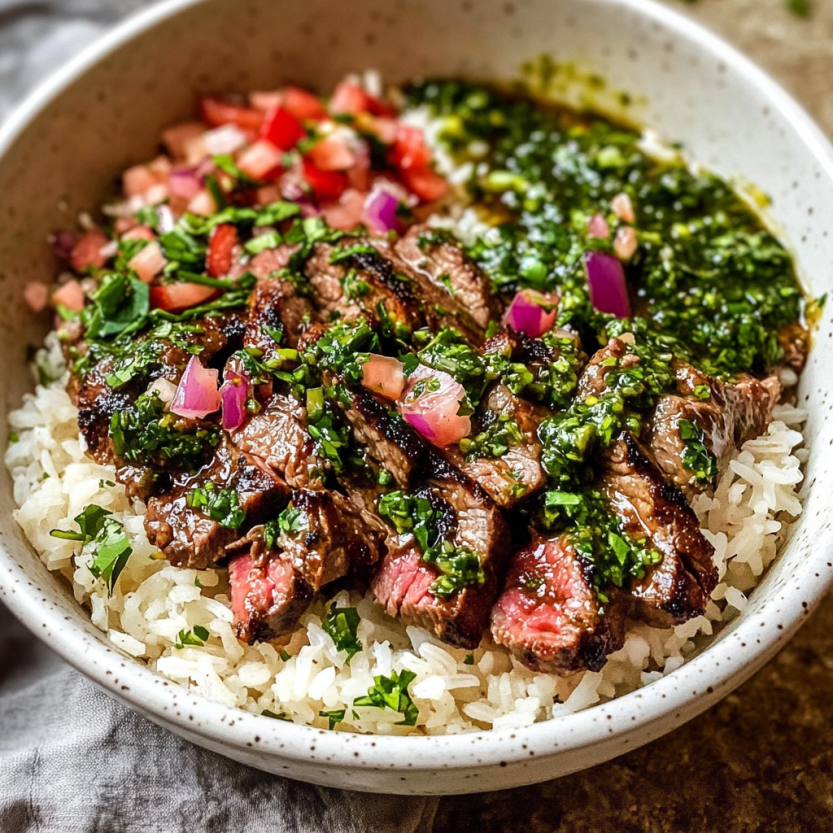 Un bol de riz avec des morceaux de viande de boeuf et des tomates.