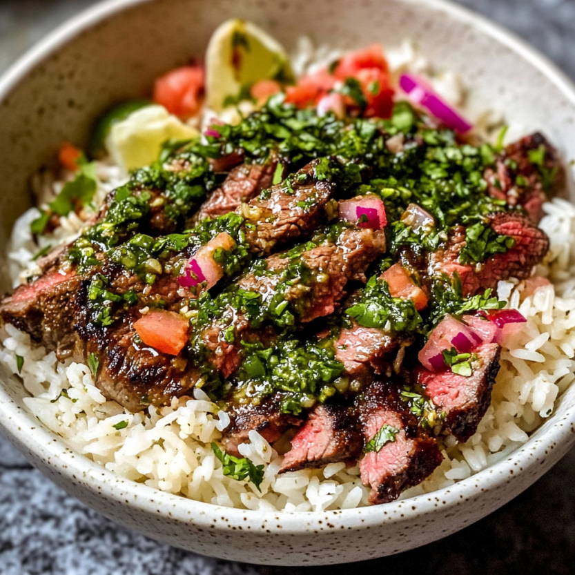 Un plat de riz avec des steaks de skirt et des tomates, garnis de sauce chimichurri.