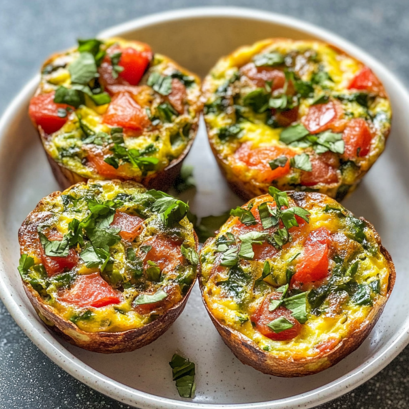 Quatre mini frittatas muffins sur un plateau.