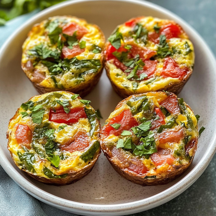 Quatre mini frittata muffins sur un plateau.