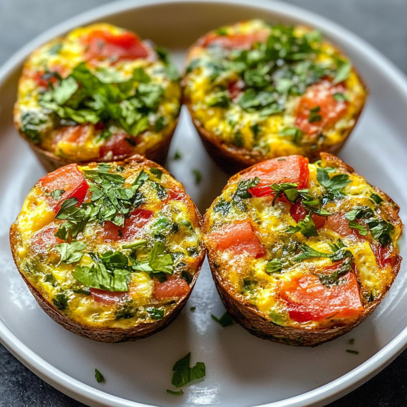 Quatre mini frittata muffins sur un plateau.