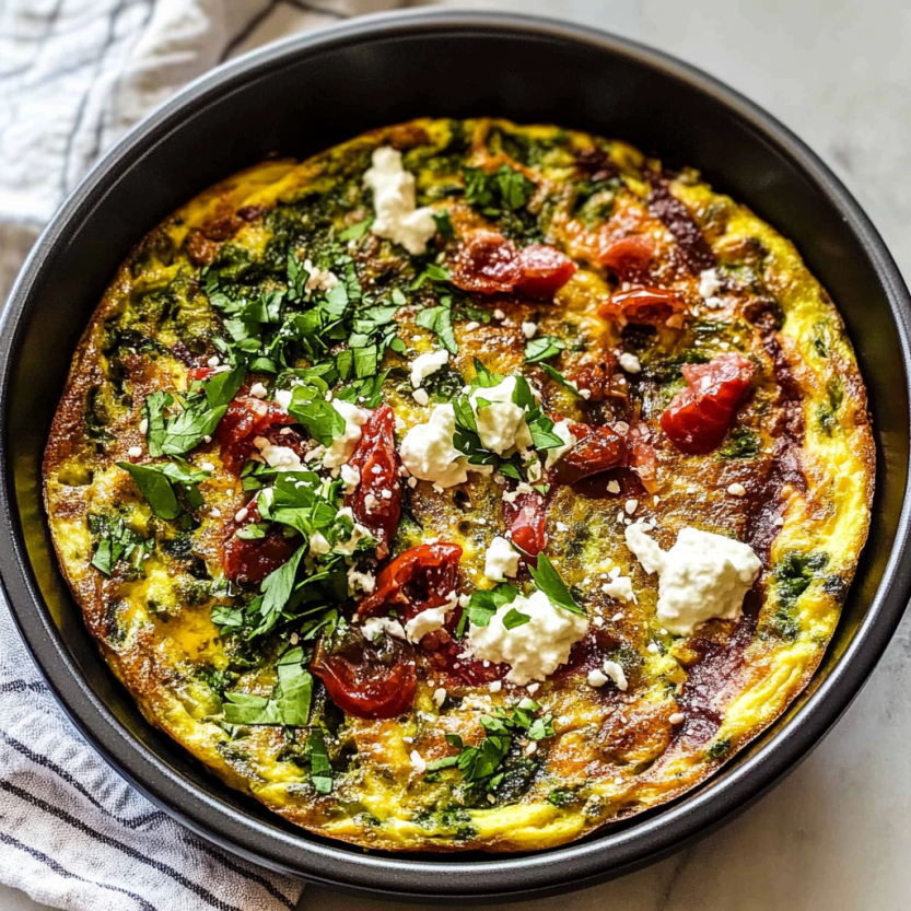 Une frittata méditerranéenne est servie dans un bol en verre.