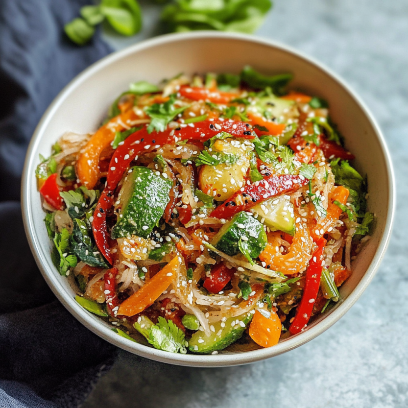 Une salade de spring rolls avec une sauce piquante de gingembre.