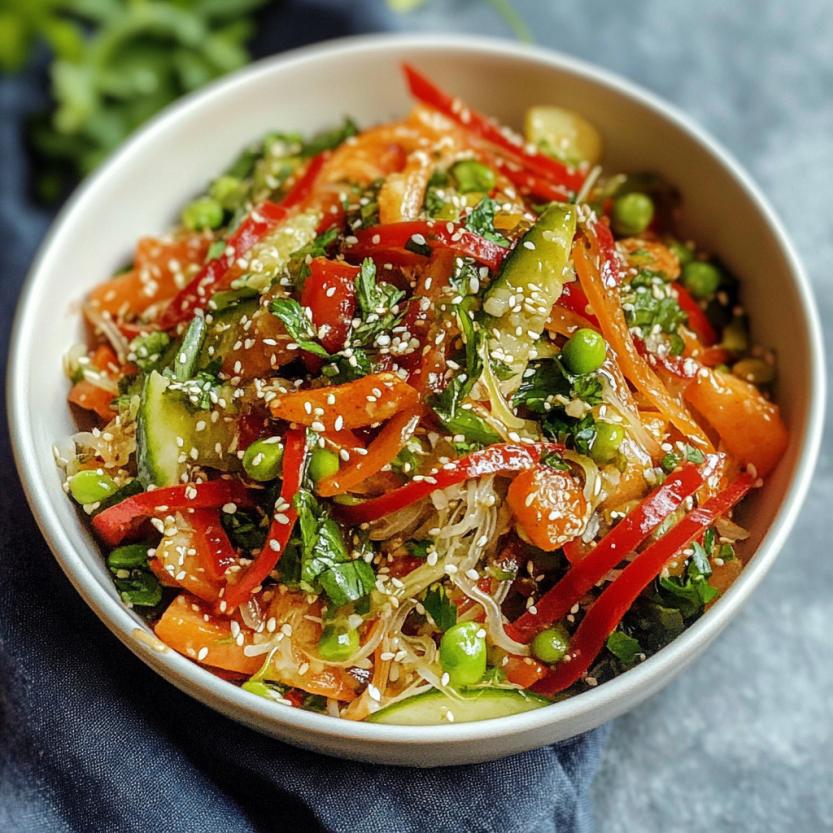 Une salade de printemps avec des légumes et des carottes, garnie d'une sauce piquante à la gomme de gingembre.