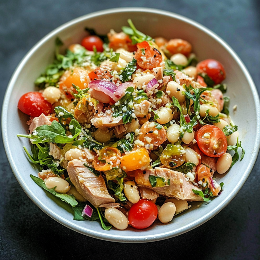 Une salade de thon et de haricots blancs.