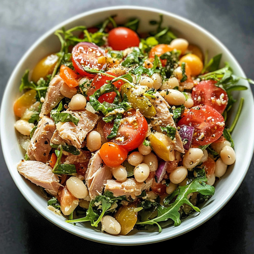 Une salade de thon et de haricots blancs.