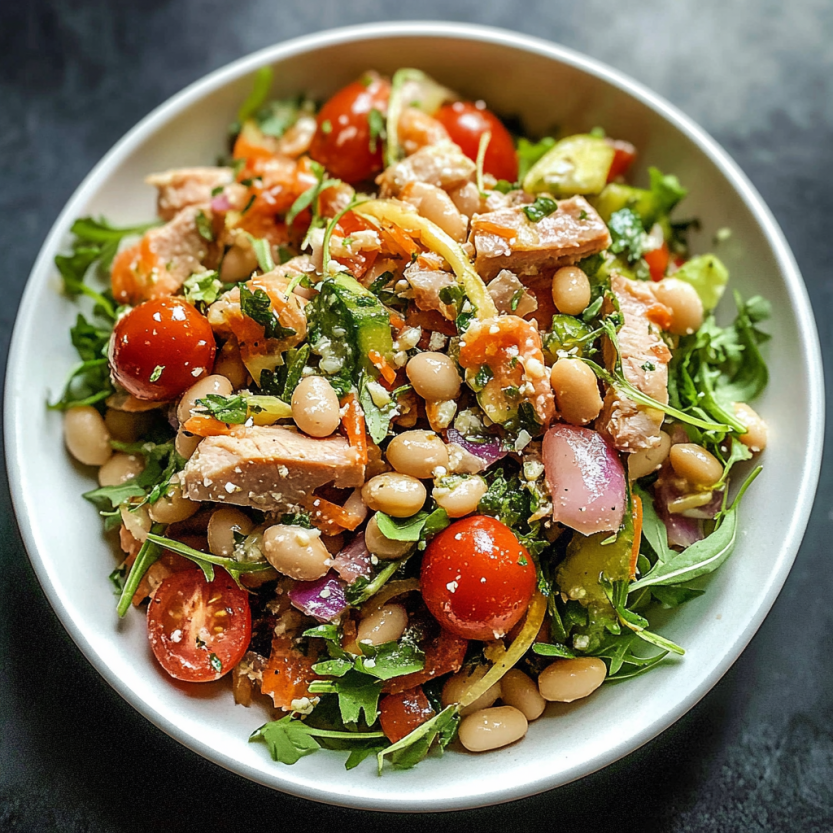 Une salade de thon et de haricots blancs.