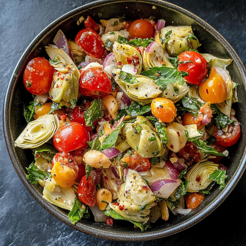 Une salade de courgette et de tomates servie dans un bol.