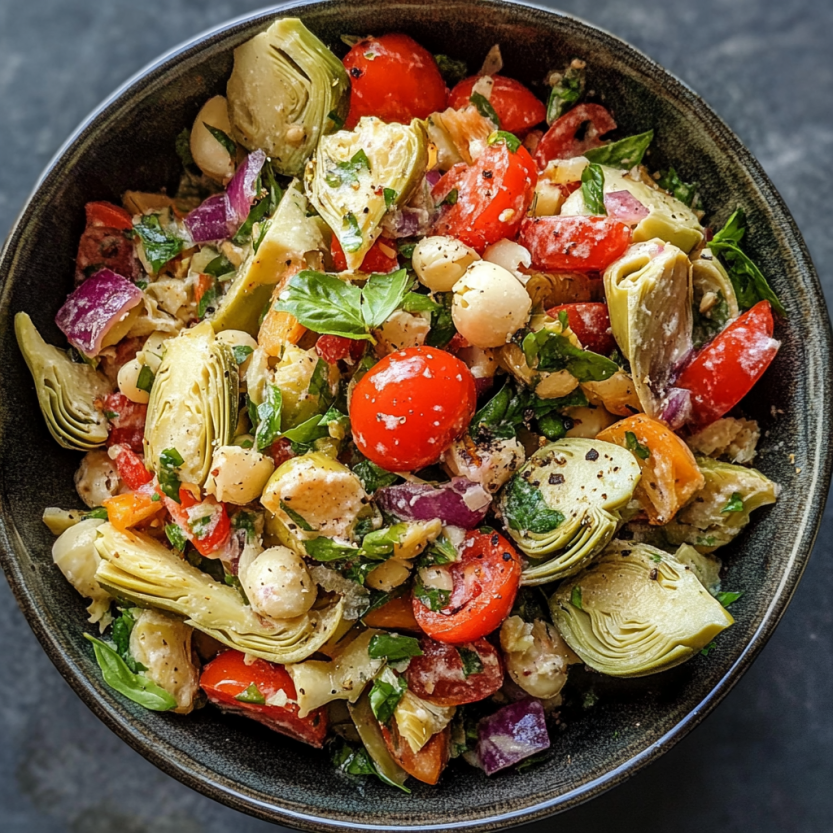 Une salade de courgette et de tomates, avec des légumes verts et des herbes, dans un bol.