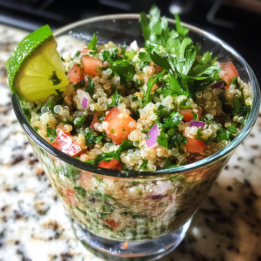 Une assiette de quinoa tabbouleh avec des légumes et des herbes.
