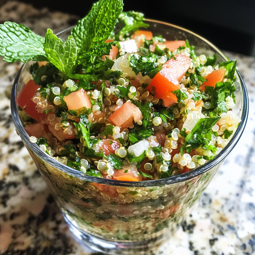 Un bol contenant une salade de quinoa et de tomates.