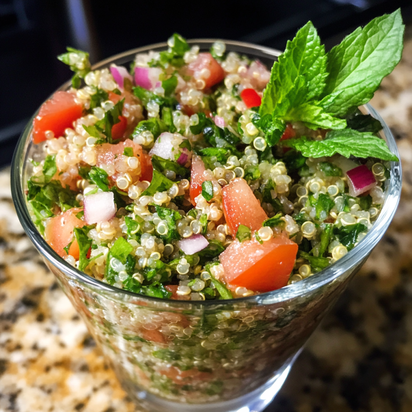 Une assiette de quinoa tabbouleh avec des tomates, des herbes et des graines de quinoa.