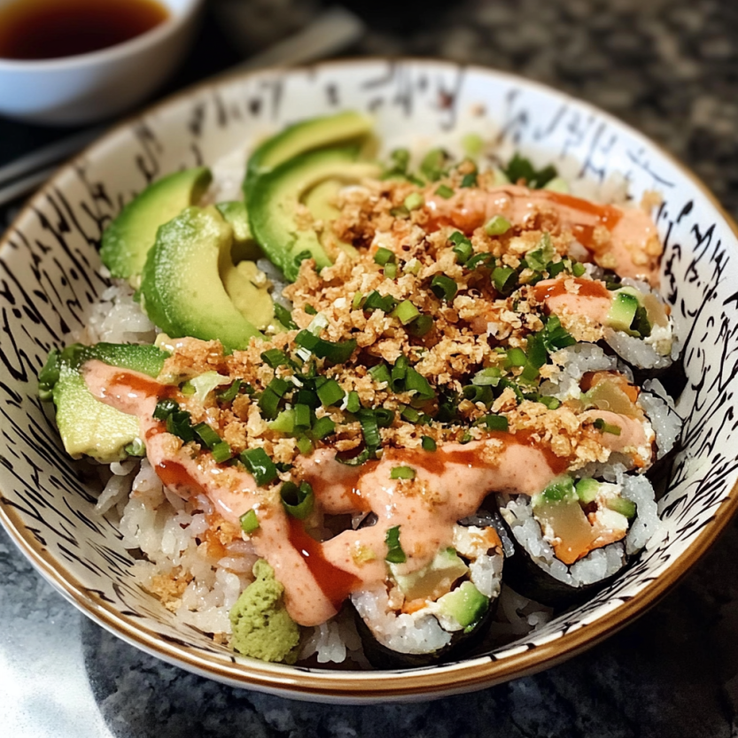 Un bol de sushi avec des légumes crudités et des avocats.