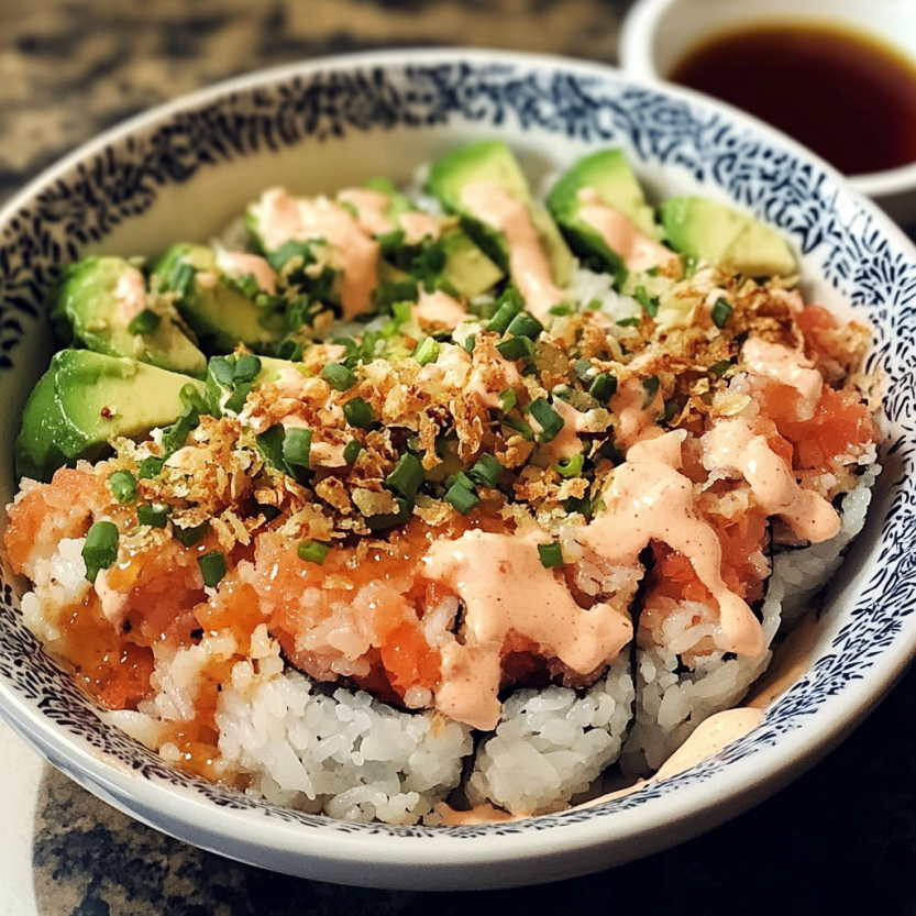 Un crunch roll sushi bowl contenant des légumes et du poisson.