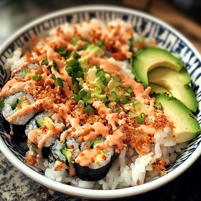 Un plat de sushi avec des légumes et du fromage.