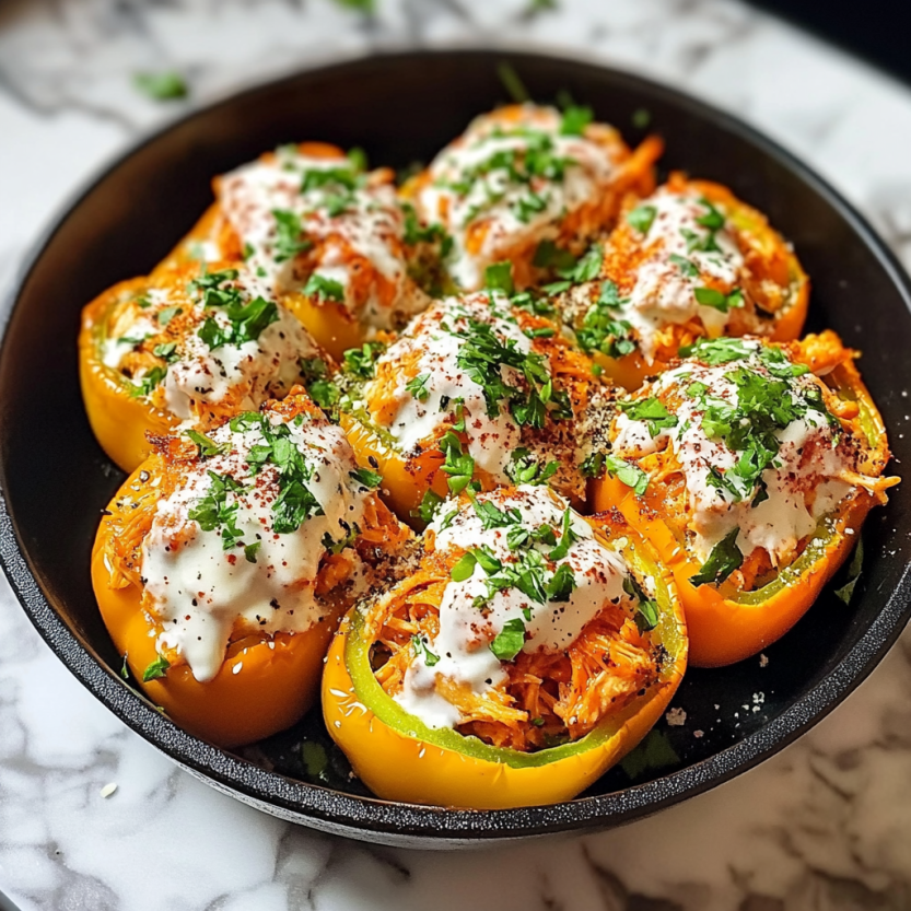Une assiette de poivrons farcis de poulet et de fromage.