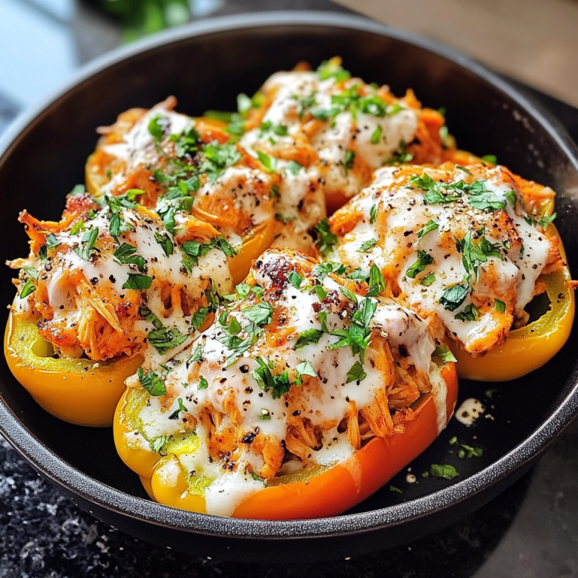 Des poivrons farcis de poulet grillé et de sauce buffalo.