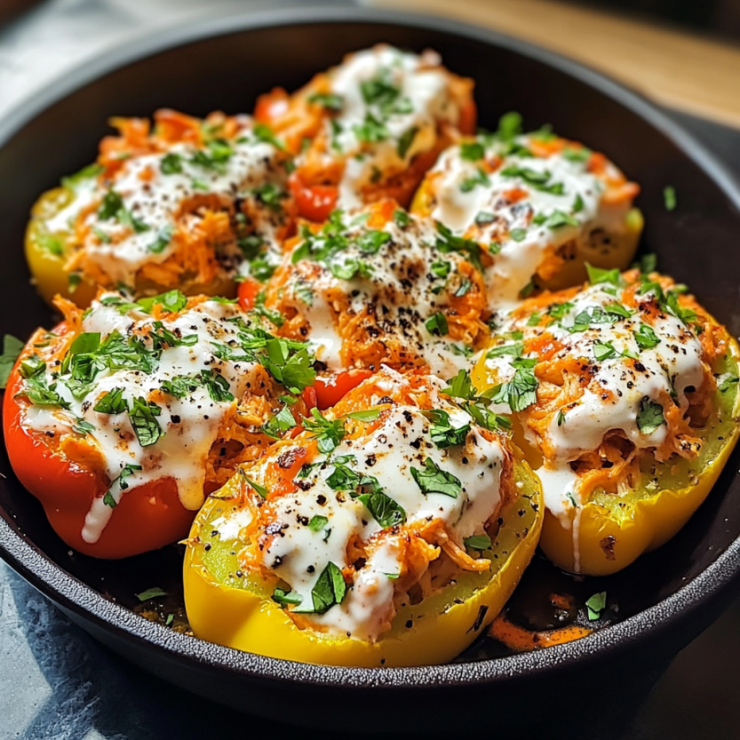 Une assiette de poivrons farcis de poulet aux herbes et au fromage.